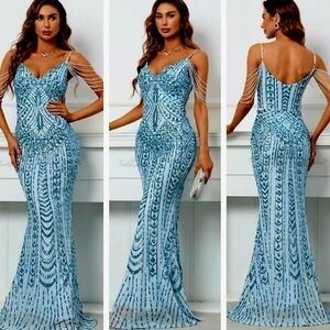 Blue, Geometric Print, Strapless, Sleeveless, Beaded, Contrast Sequin…